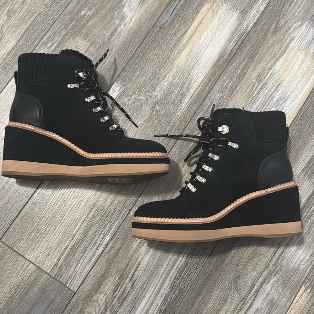 Kate Spade Willow Wedge black leather suede Lace up shearling boot